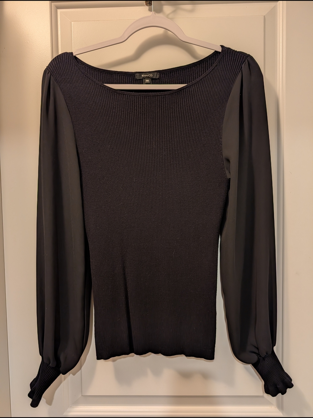 RW&CO. Black Ribbed Knit Top with Sheer Long Sleeves